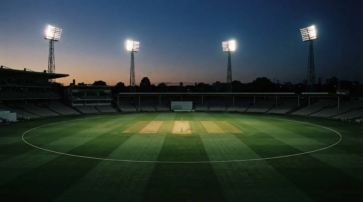An empty football stadium with floodlight masts at dusk