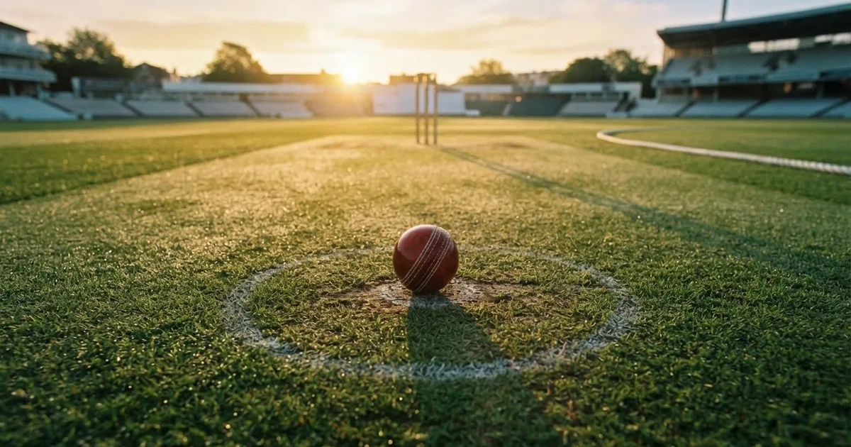 A ball on the centre spot of a grass pitch in morning light