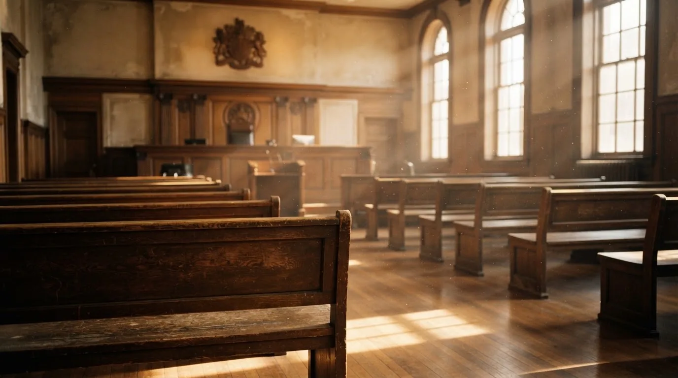 An empty courtroom with wooden benches in morning light