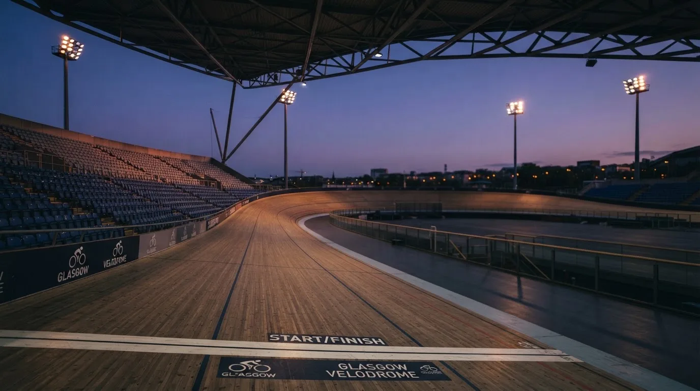 An empty football stadium with floodlight masts at dusk