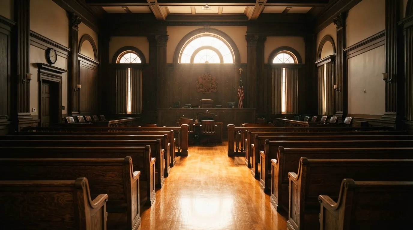 An empty courtroom with wooden benches in morning light
