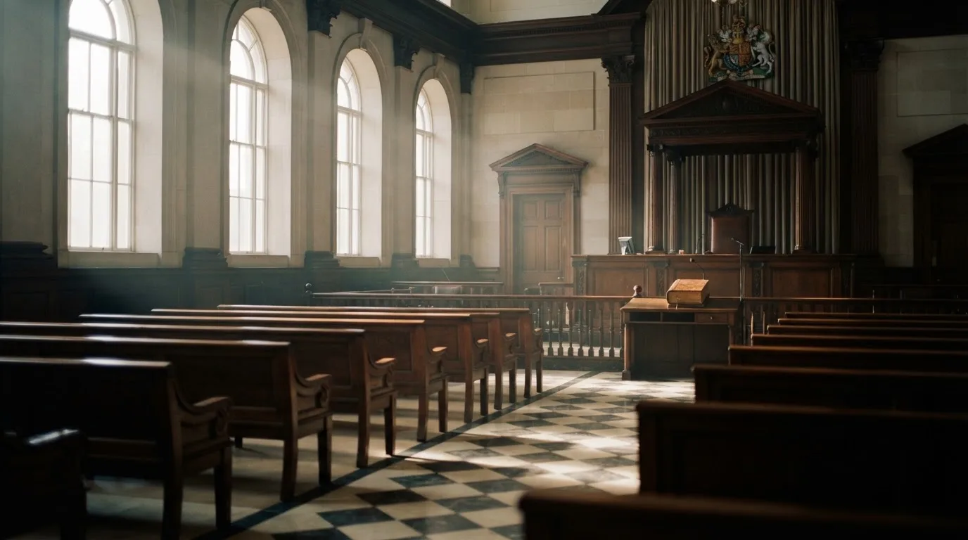 An empty courtroom with wooden benches in morning light