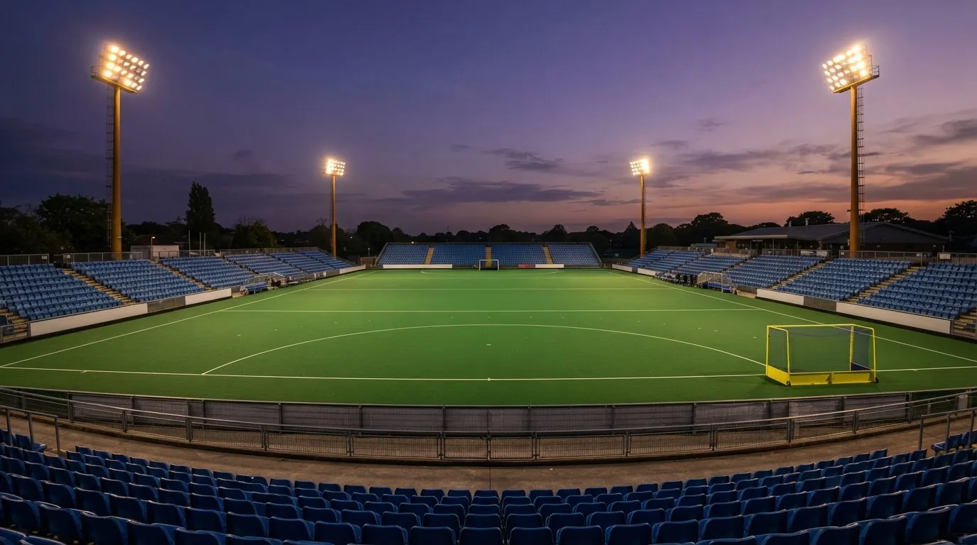 An empty football stadium with floodlight masts at dusk