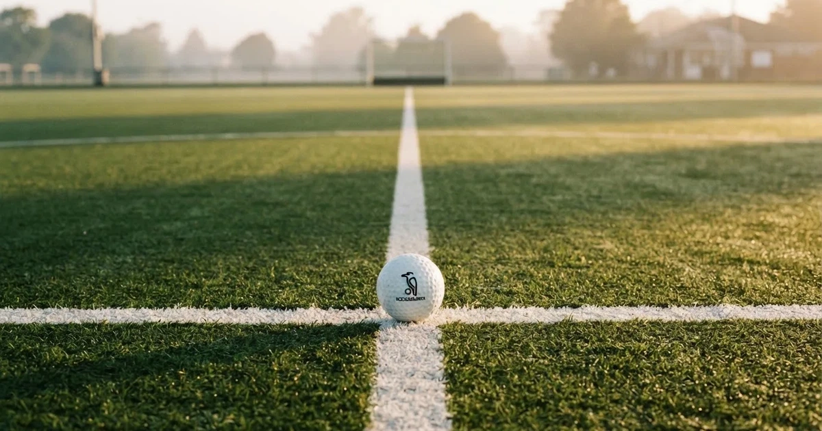 A ball on the centre spot of a grass pitch in morning light