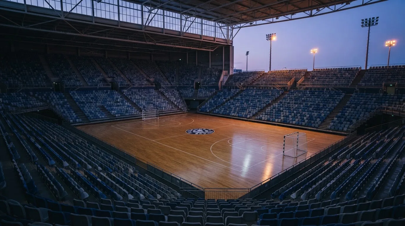 An empty football stadium with floodlight masts at dusk