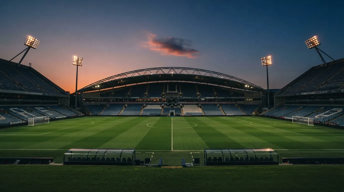 An empty football stadium with floodlight masts at dusk