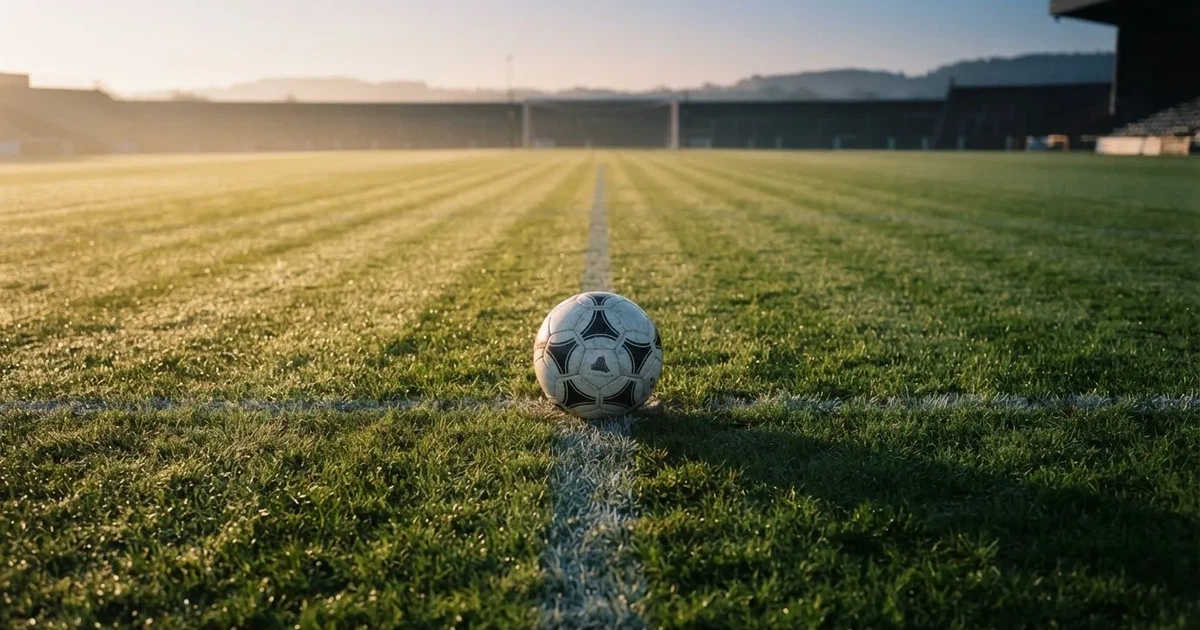 A ball on the centre spot of a grass pitch in morning light
