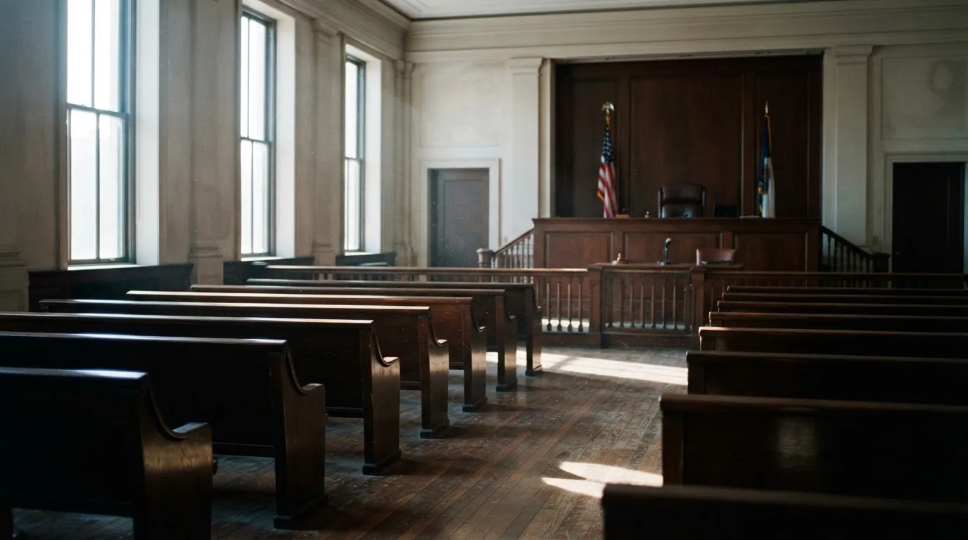 An empty courtroom with wooden benches in morning light