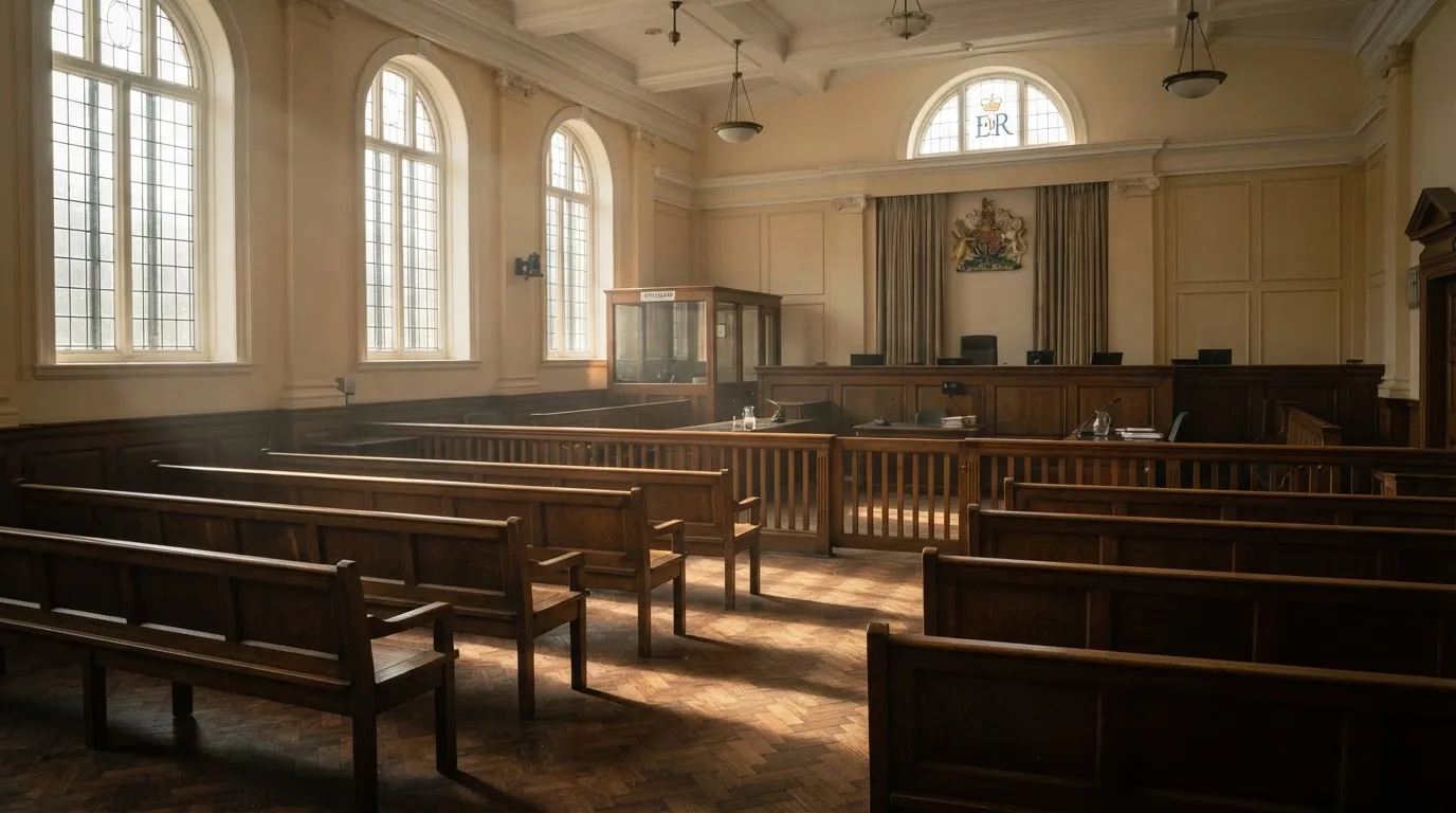 An empty courtroom with wooden benches in morning light