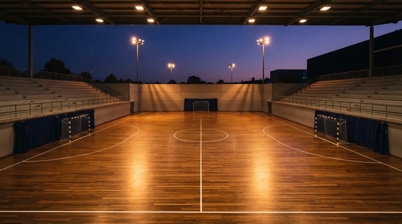 An empty football stadium with floodlight masts at dusk