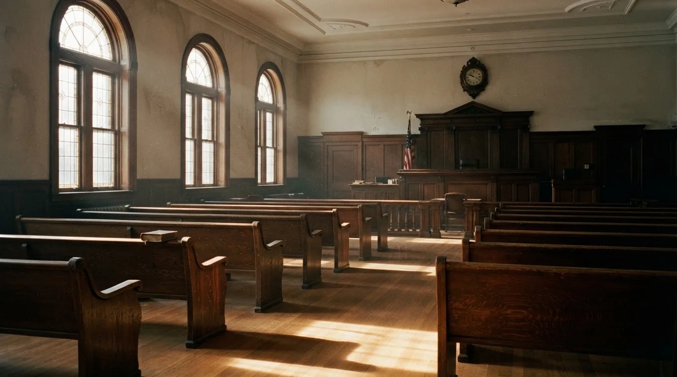 An empty courtroom with wooden benches in morning light