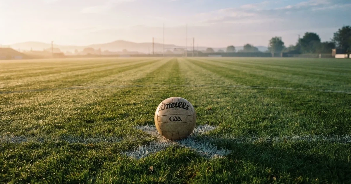A ball on the centre spot of a grass pitch in morning light