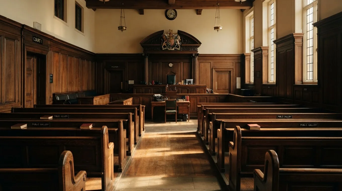 An empty courtroom with wooden benches in morning light