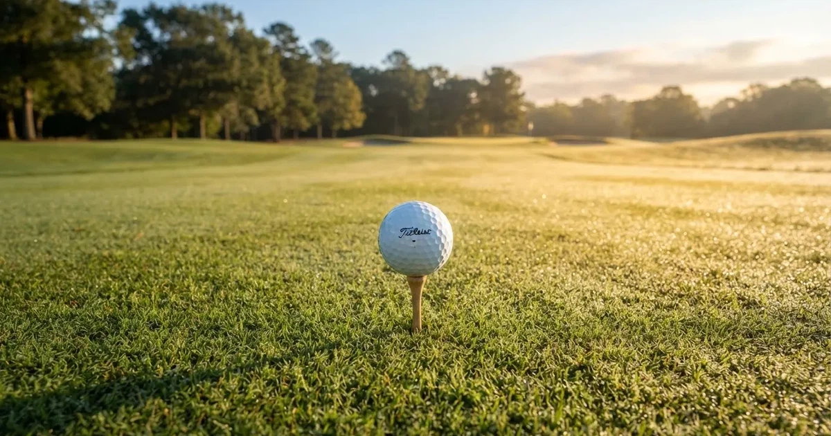 A ball on the centre spot of a grass pitch in morning light