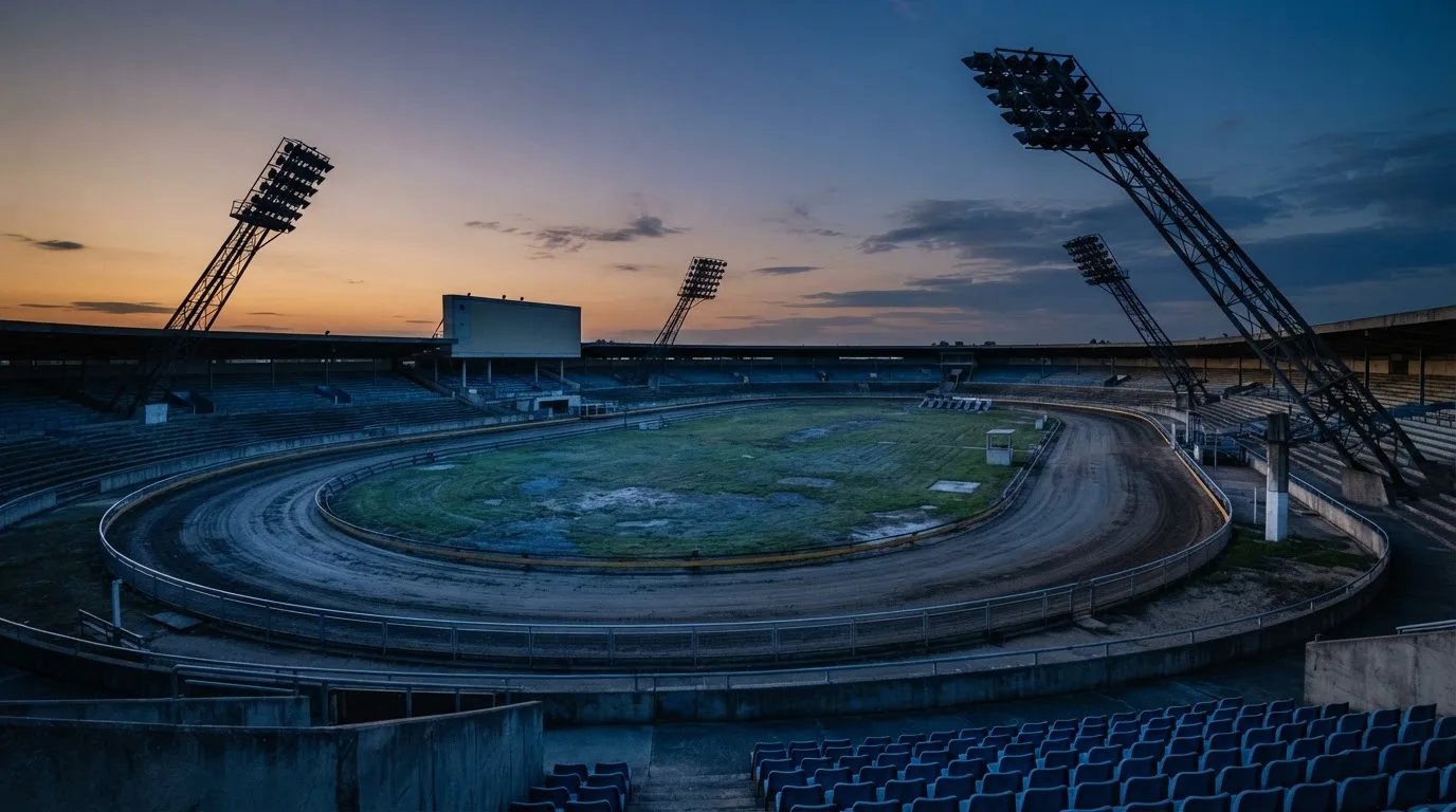 An empty football stadium with floodlight masts at dusk