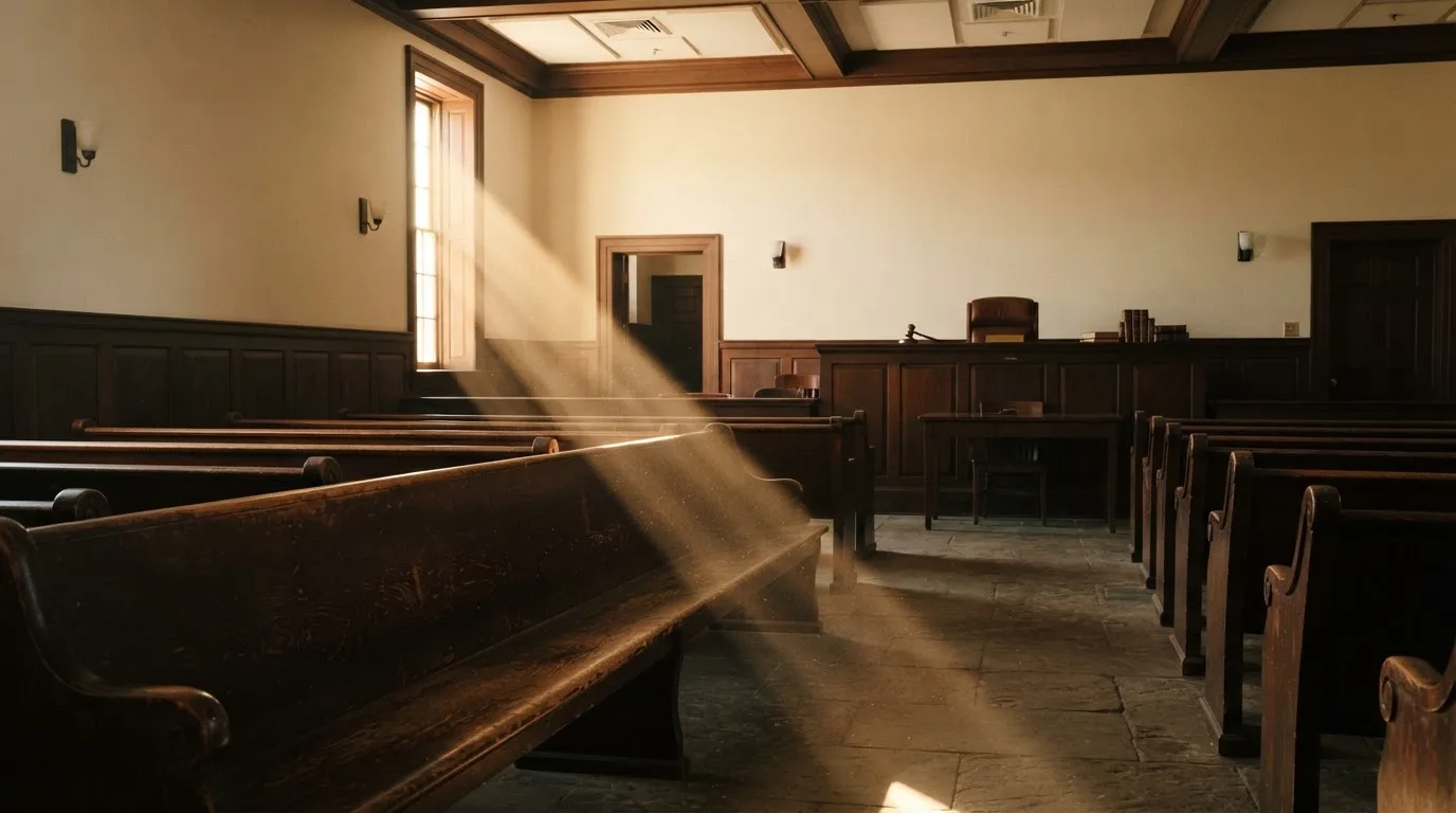 An empty courtroom with wooden benches in morning light