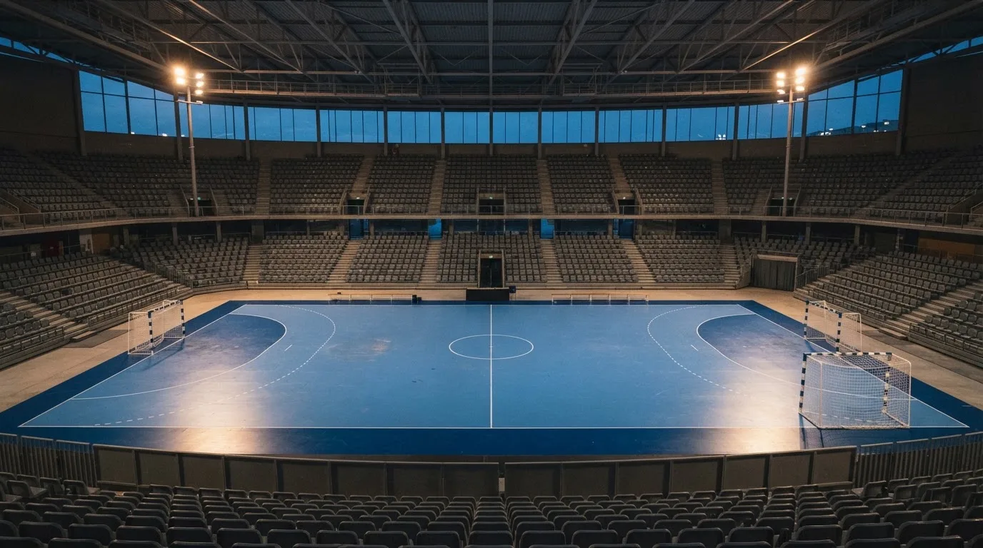 An empty football stadium with floodlight masts at dusk