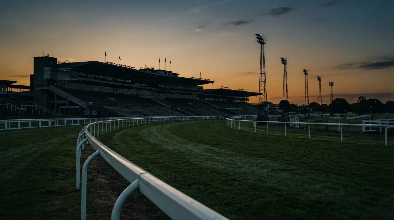 An empty football stadium with floodlight masts at dusk