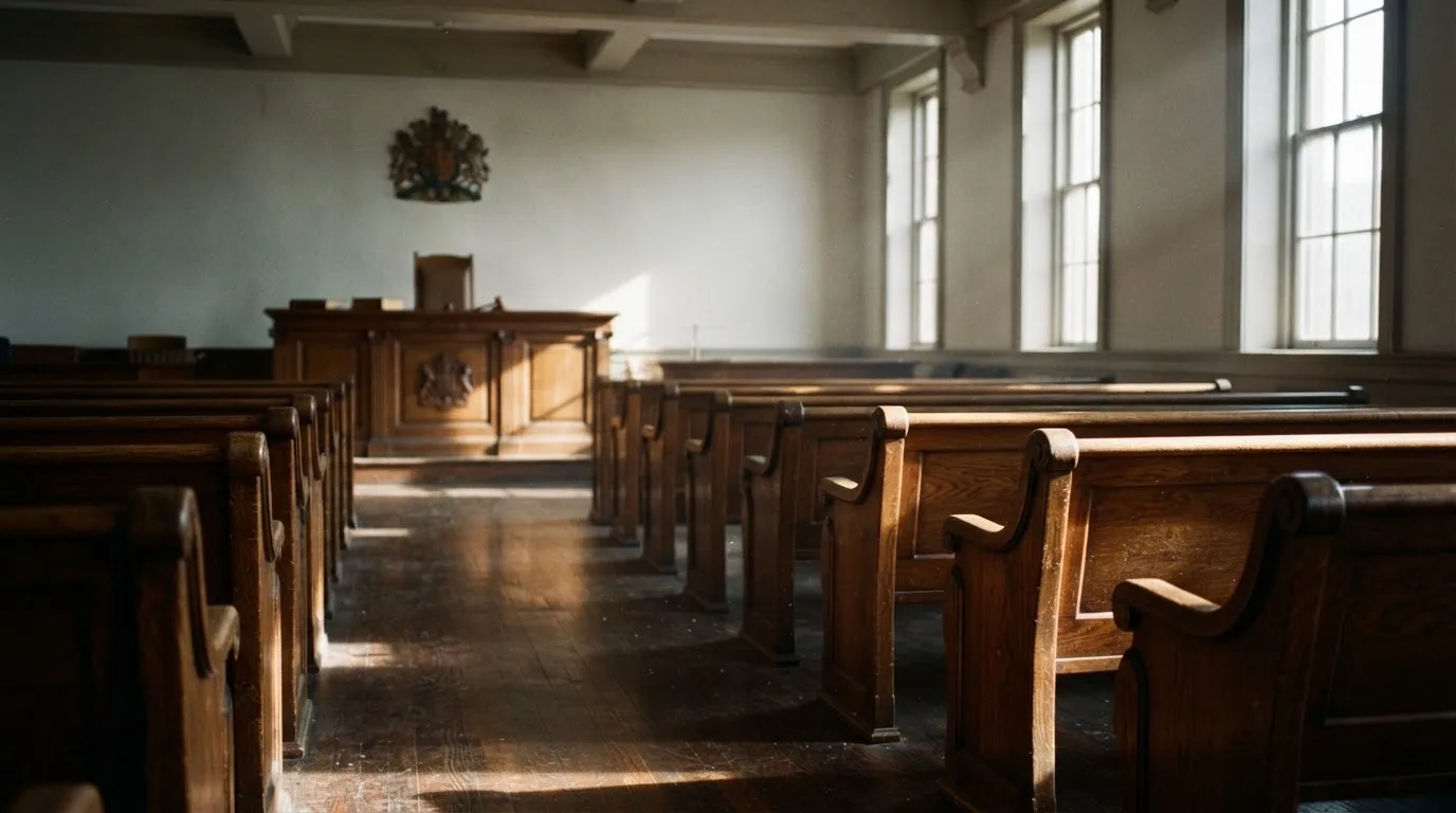 An empty courtroom with wooden benches in morning light