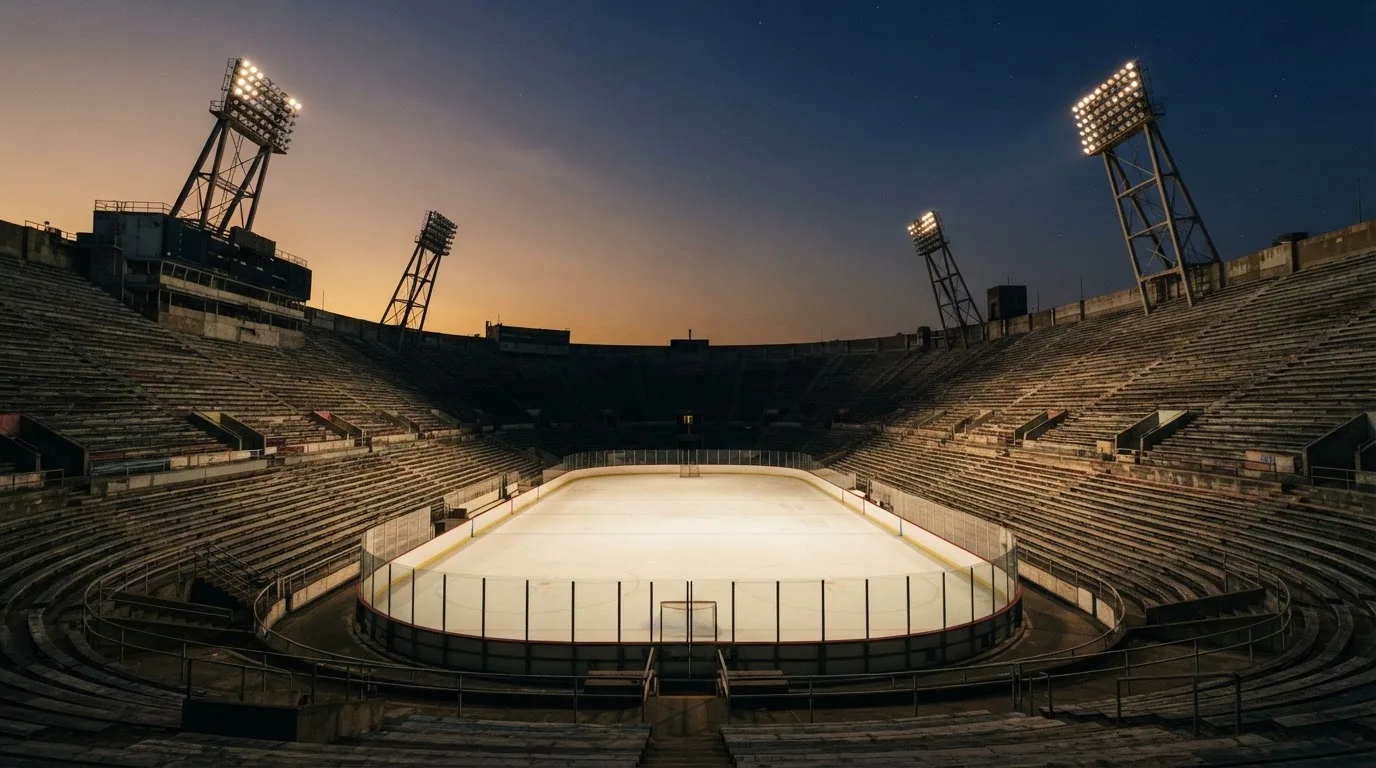 An empty football stadium with floodlight masts at dusk