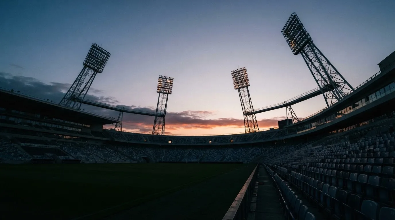 An empty football stadium with floodlight masts at dusk