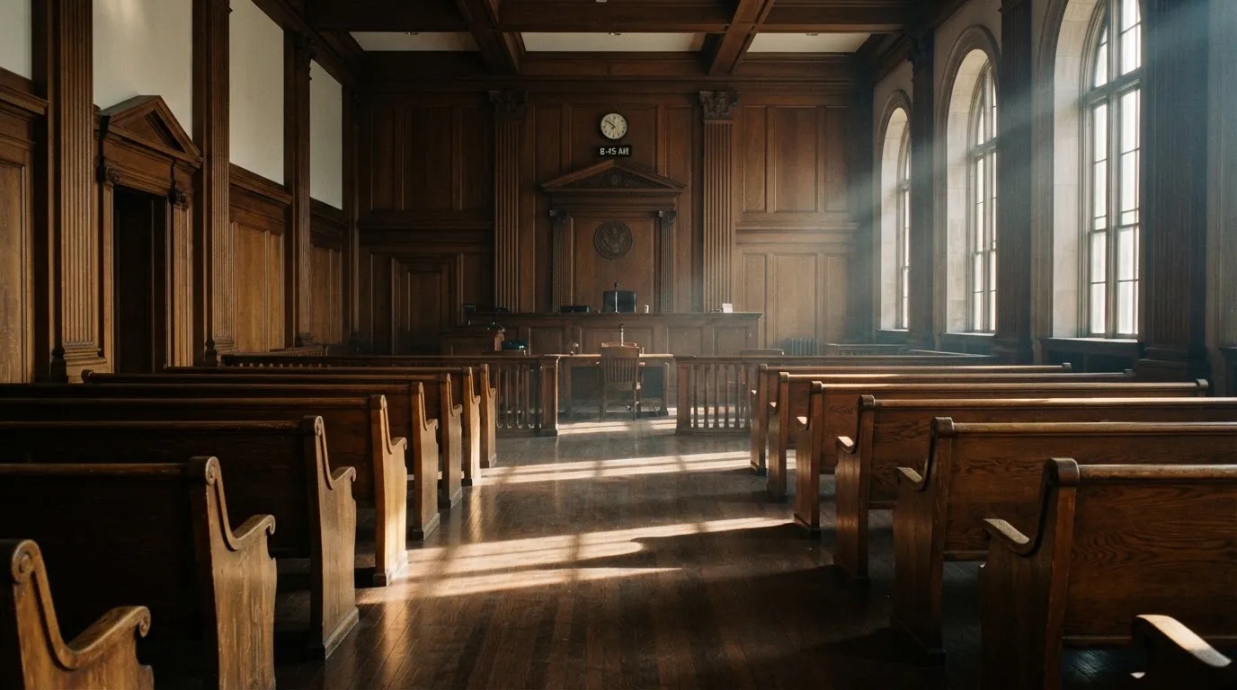 An empty courtroom with wooden benches in morning light