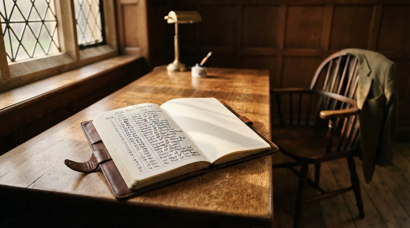 An empty courtroom with wooden benches in morning light