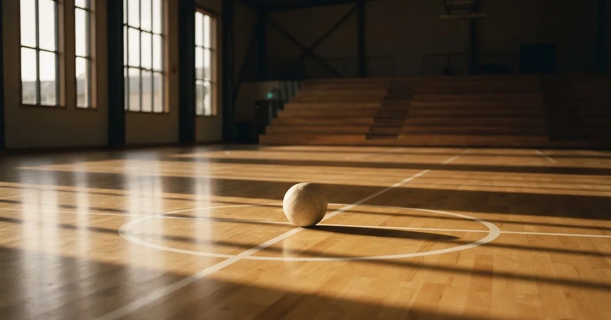 A ball on the centre spot of a grass pitch in morning light