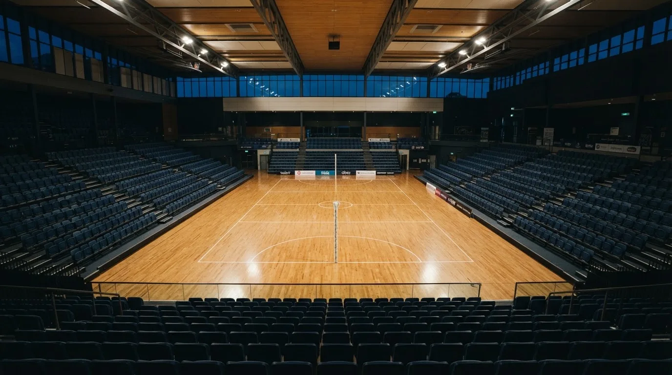 An empty courtroom with wooden benches in morning light