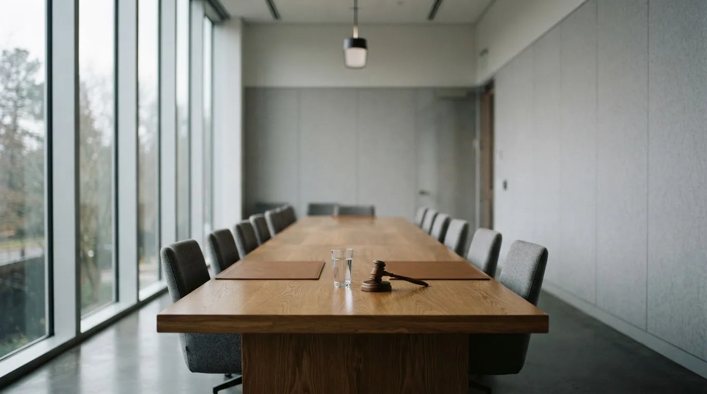 An empty courtroom with wooden benches in morning light