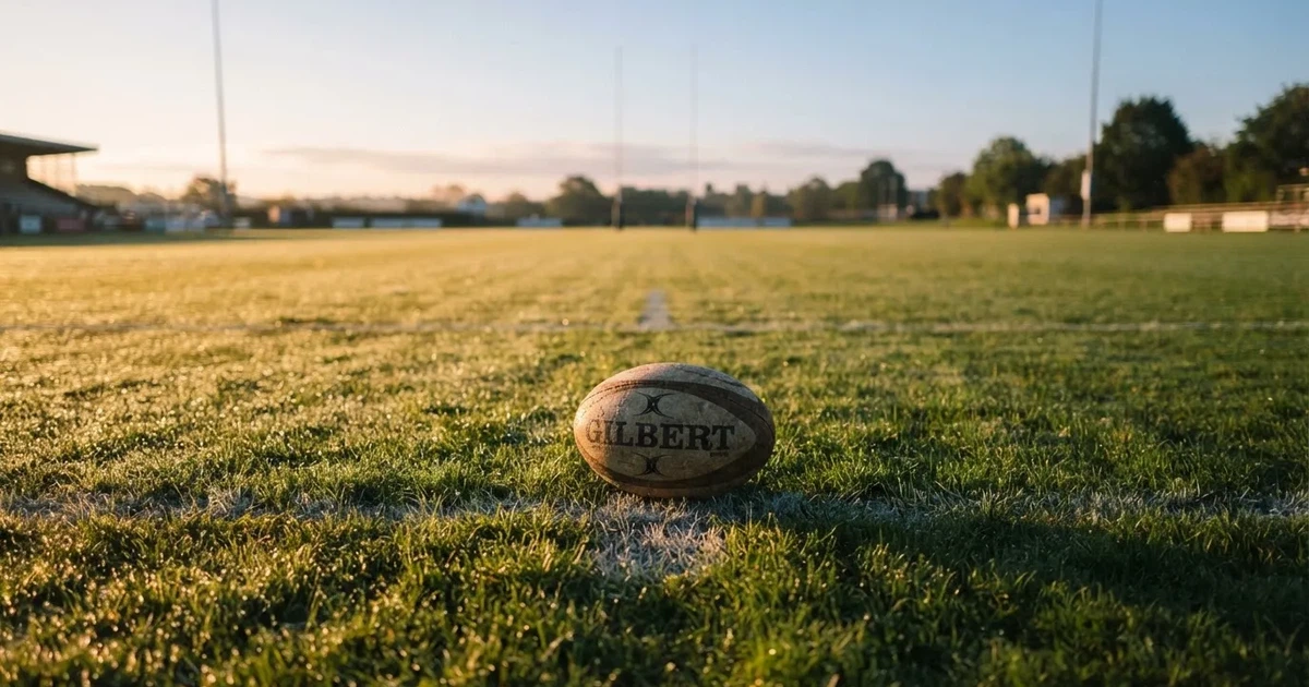 A ball on the centre spot of a grass pitch in morning light