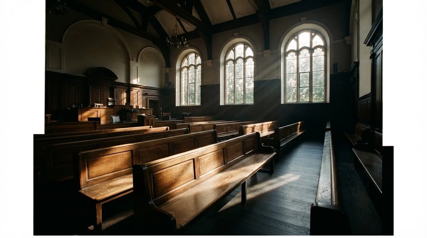 An empty courtroom with wooden benches in morning light