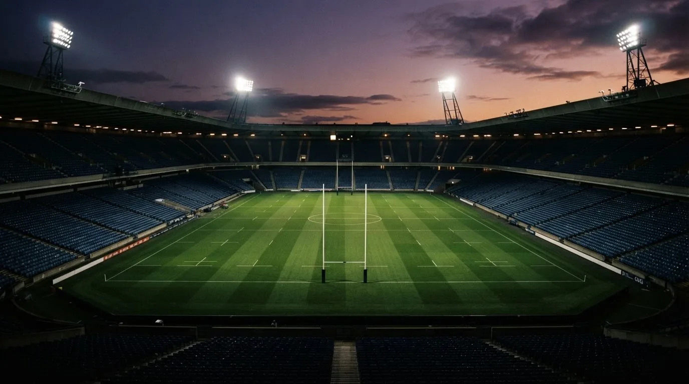 An empty football stadium with floodlight masts at dusk