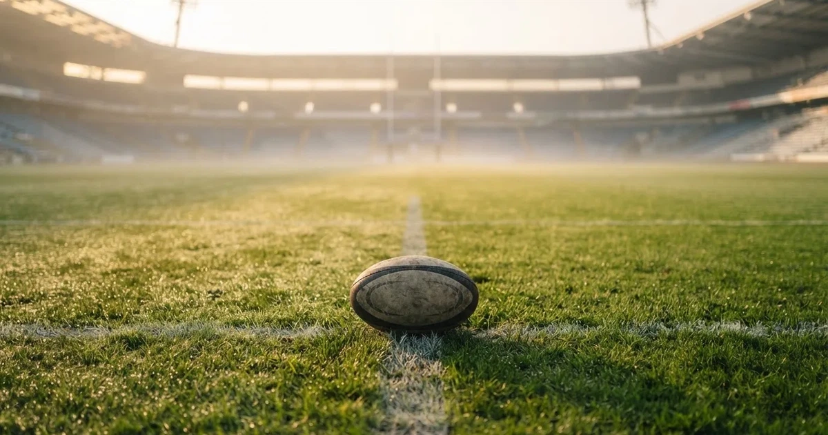 A ball on the centre spot of a grass pitch in morning light