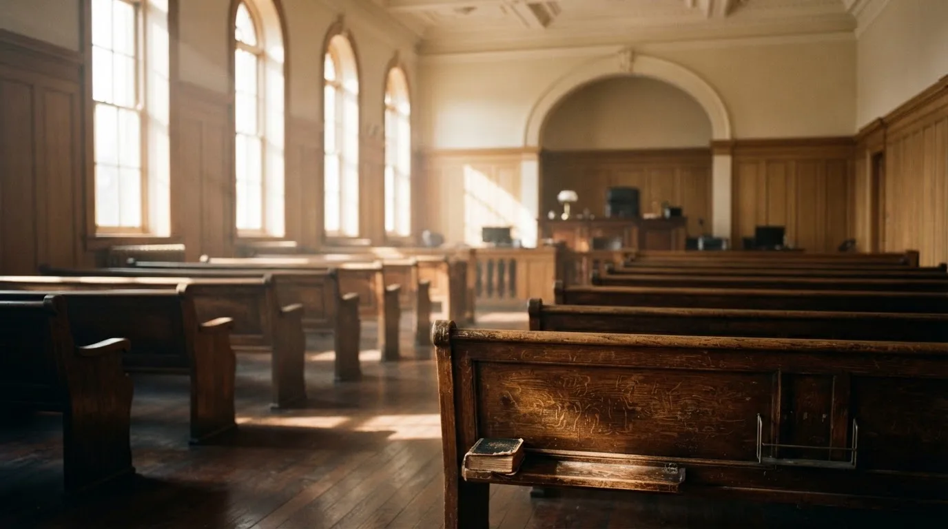An empty courtroom with wooden benches in morning light