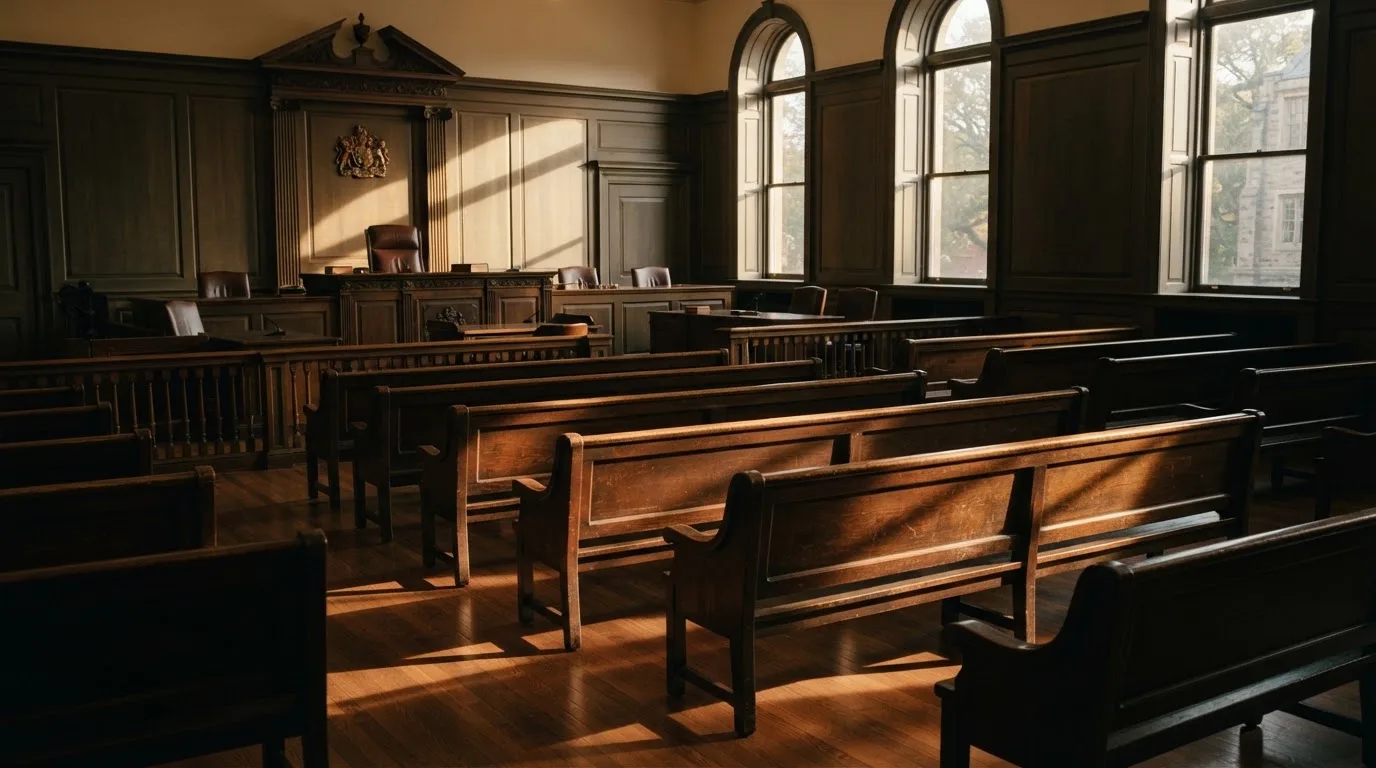An empty courtroom with wooden benches in morning light