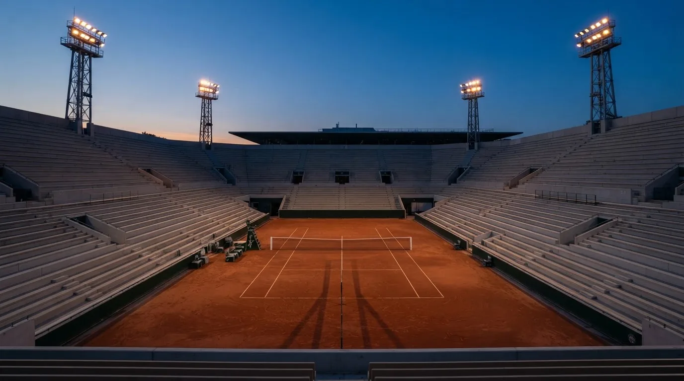 An empty football stadium with floodlight masts at dusk