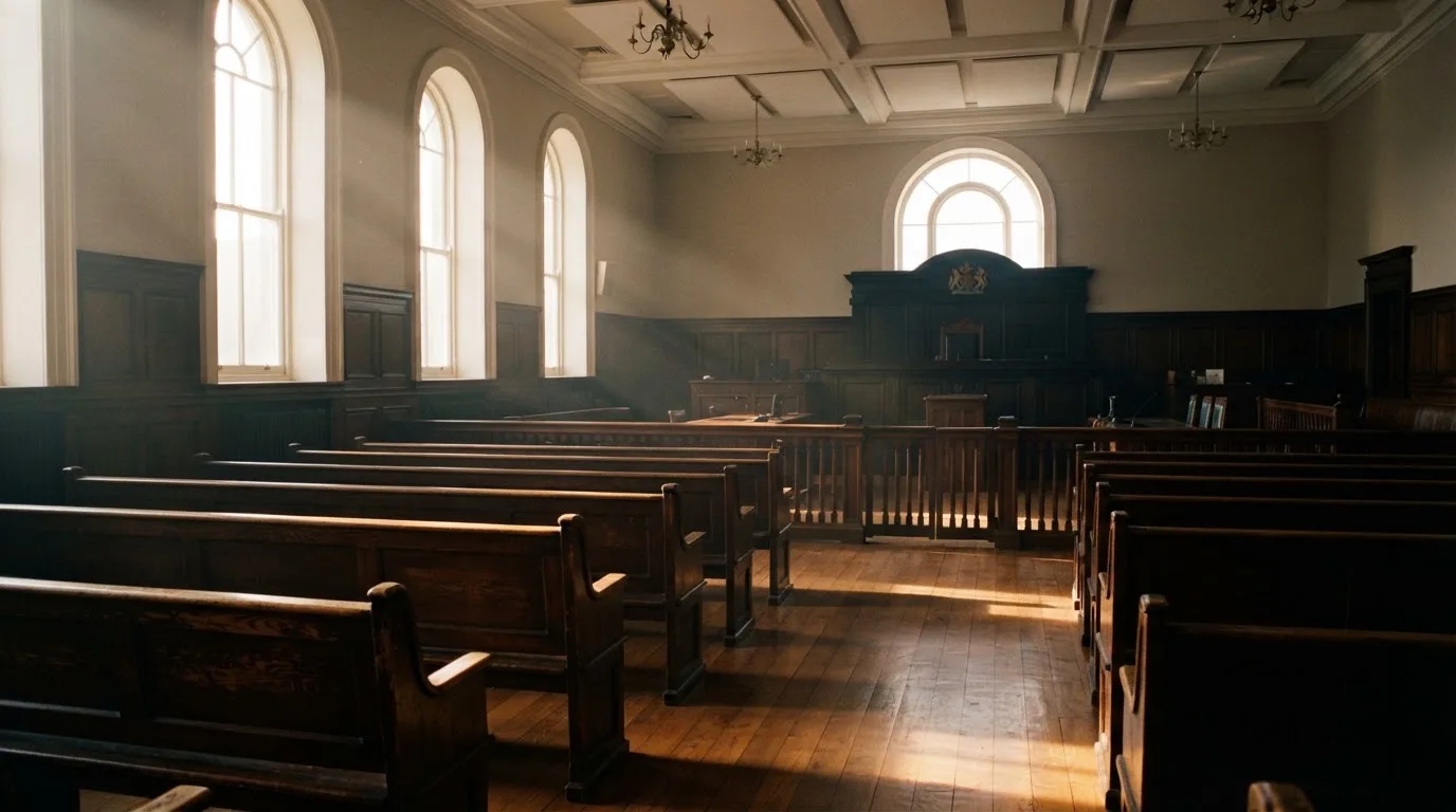 An empty courtroom with wooden benches in morning light