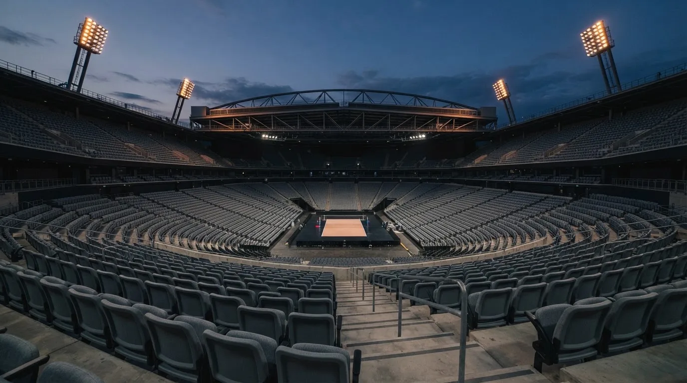 An empty football stadium with floodlight masts at dusk
