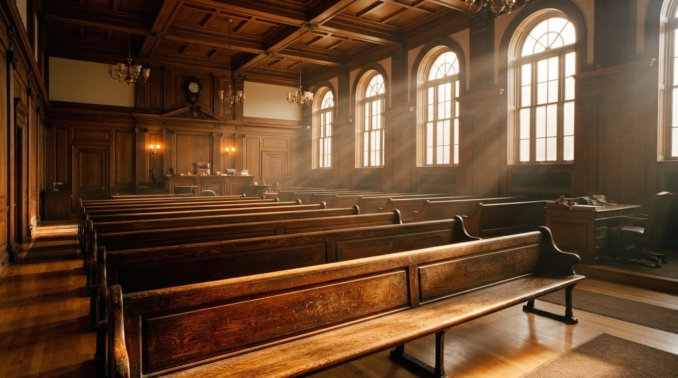 An empty courtroom with wooden benches in morning light