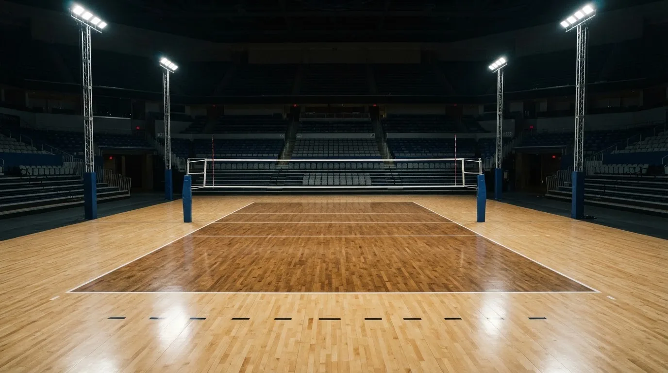 An empty football stadium with floodlight masts at dusk