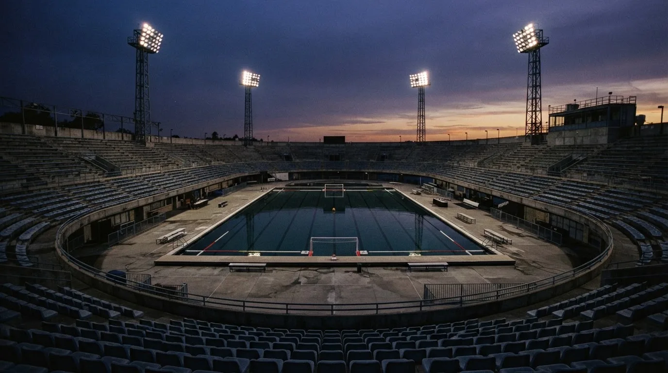 An empty football stadium with floodlight masts at dusk