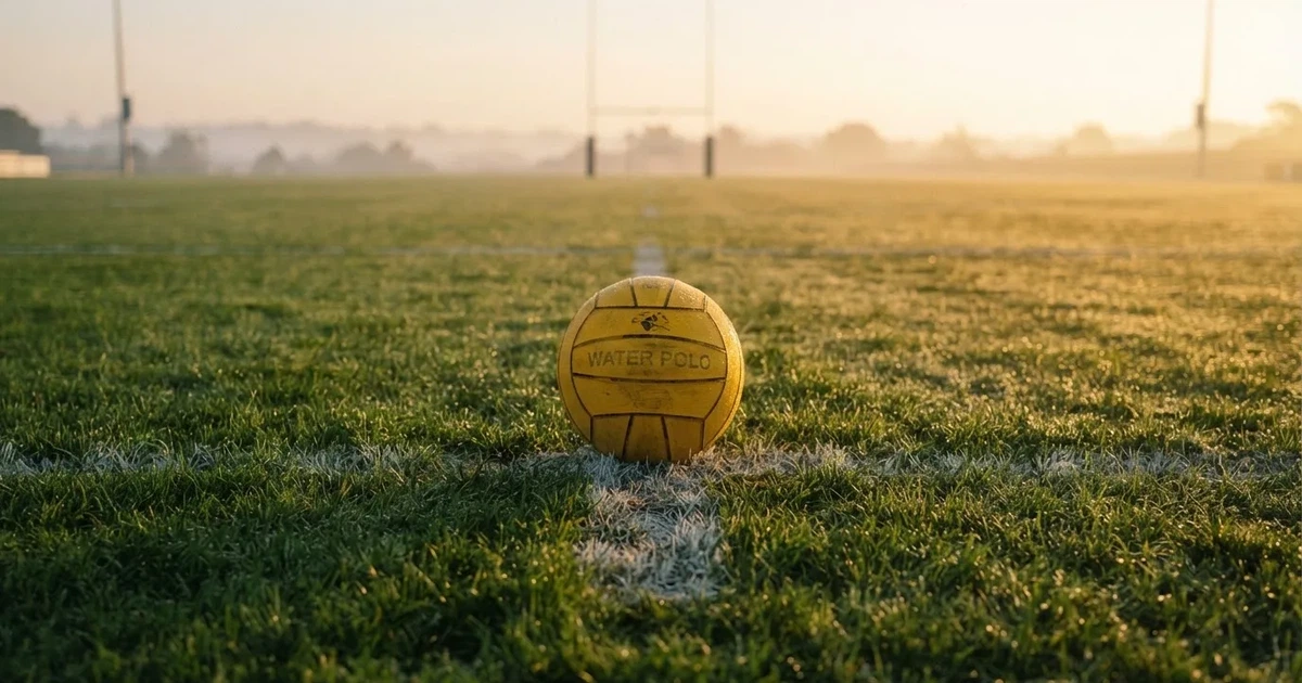 A ball on the centre spot of a grass pitch in morning light