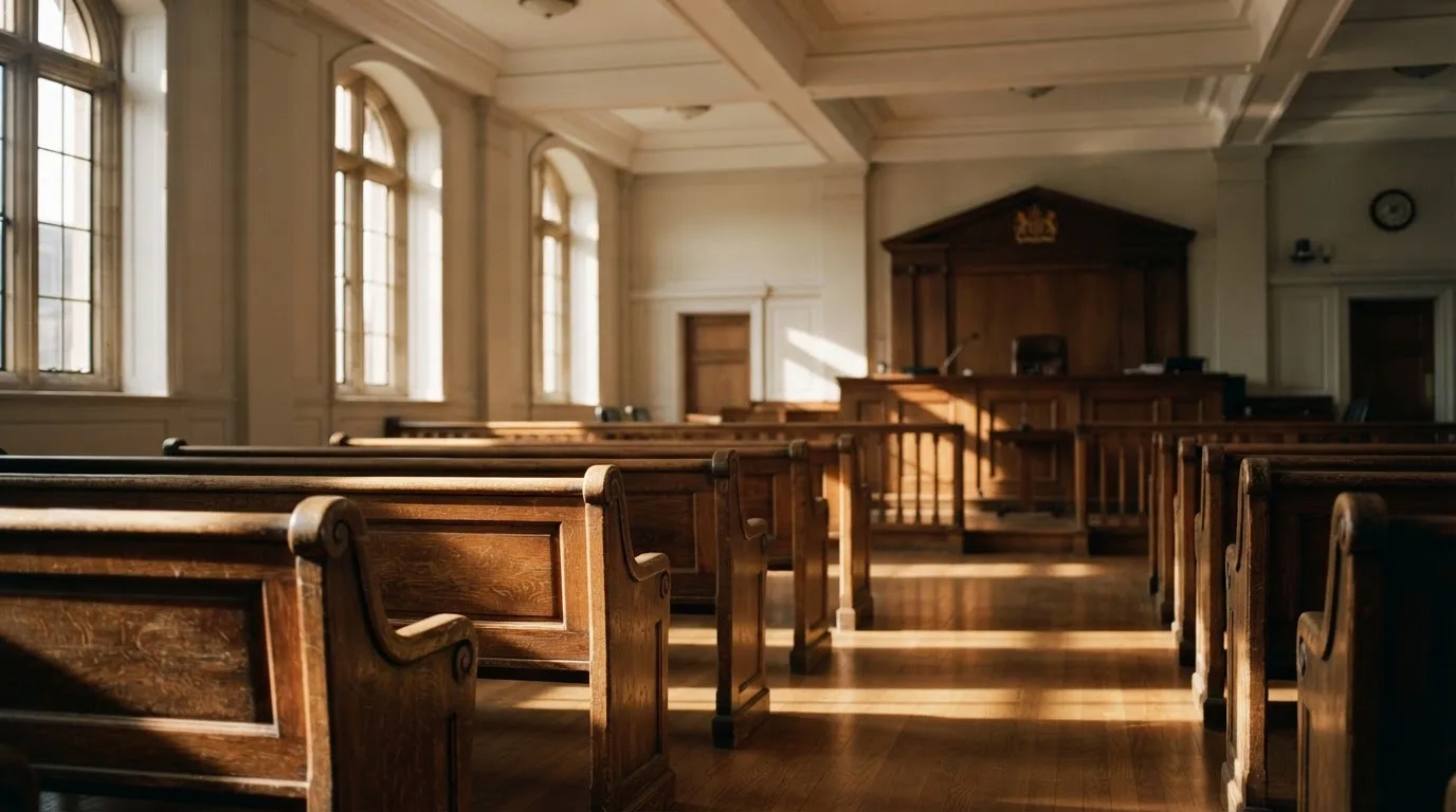 An empty courtroom with wooden benches in morning light