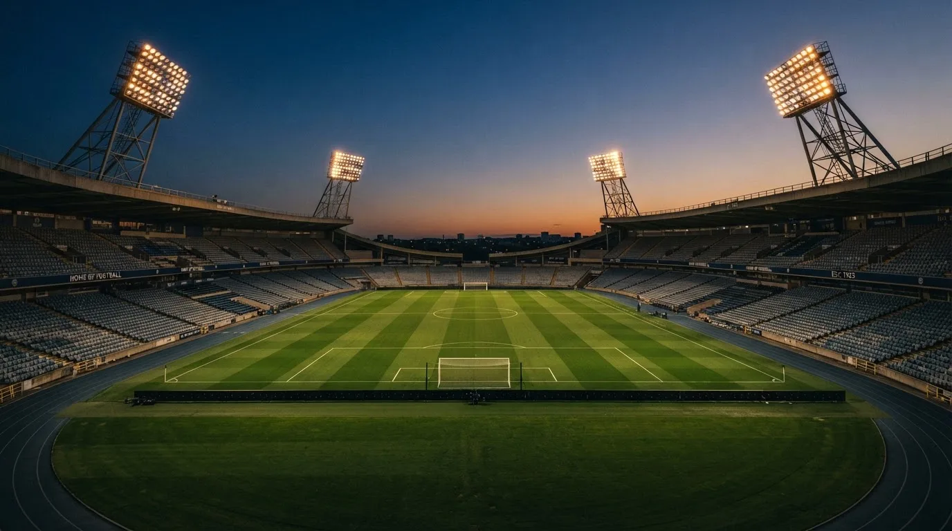 An empty football stadium with floodlight masts at dusk