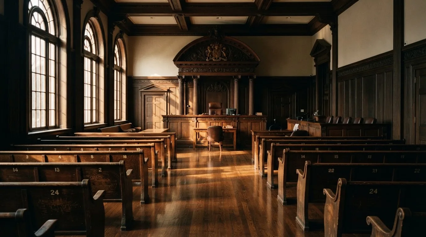 An empty courtroom with wooden benches in morning light
