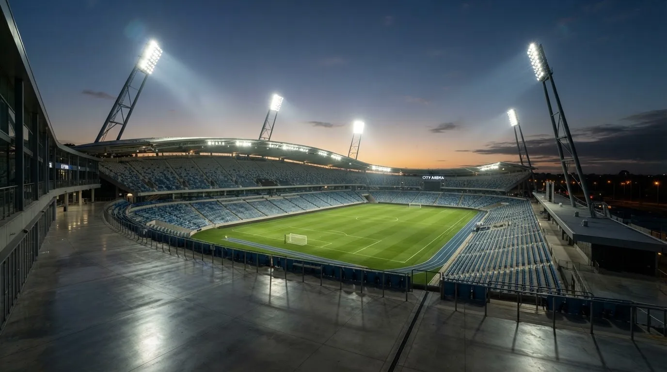 An empty football stadium with floodlight masts at dusk