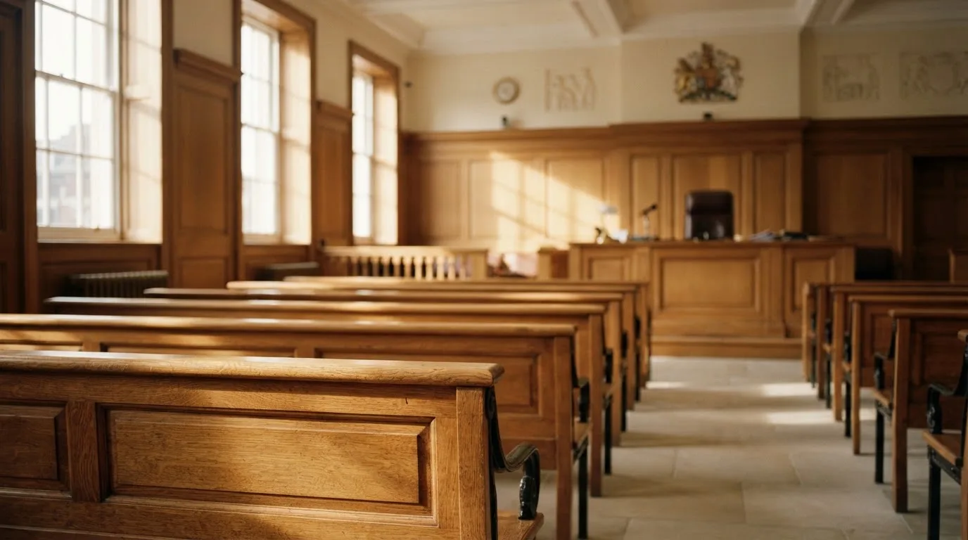 An empty courtroom with wooden benches in morning light