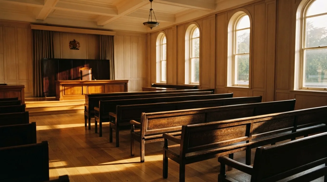 An empty courtroom with wooden benches in morning light