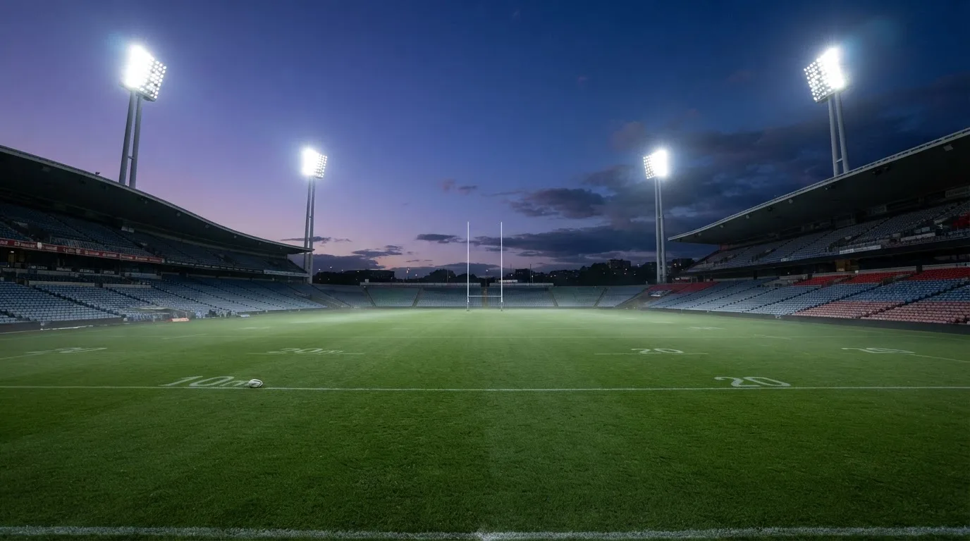 An empty football stadium with floodlight masts at dusk